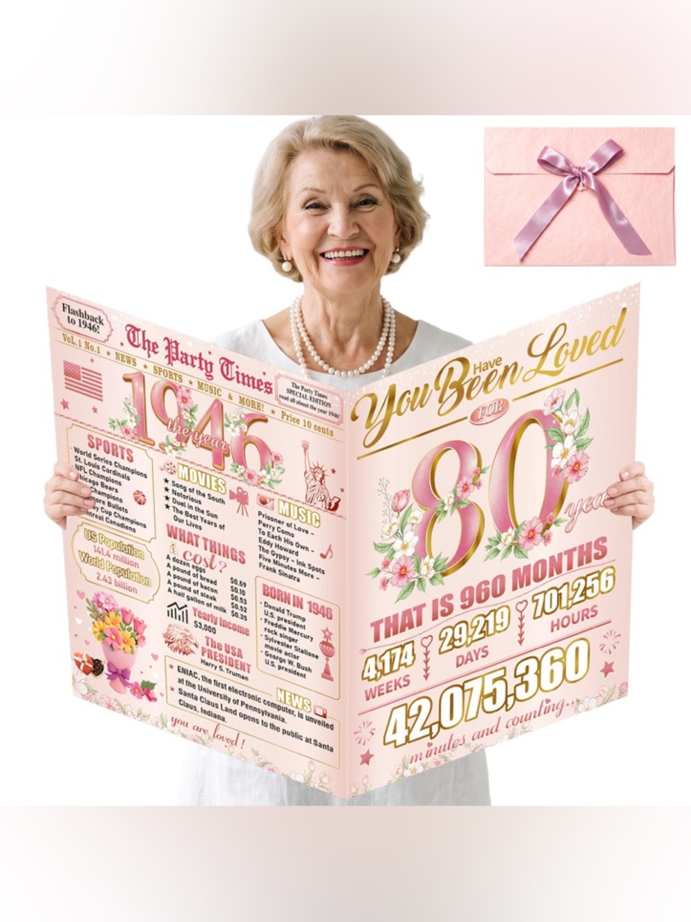 NWT Jumbo 80th Birthday Card 22” Giant Card Envelope Ribbon
